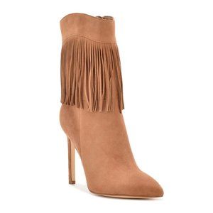NWOB Nine West Tries Heeled Fringe Cowboy Booties in Cognac Suede